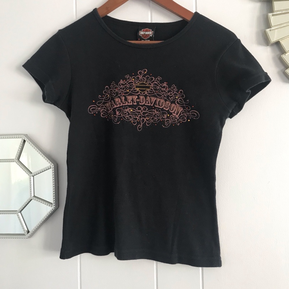 Y2K 00s Harley Davidson Black T-Shirt Pink Glitter S